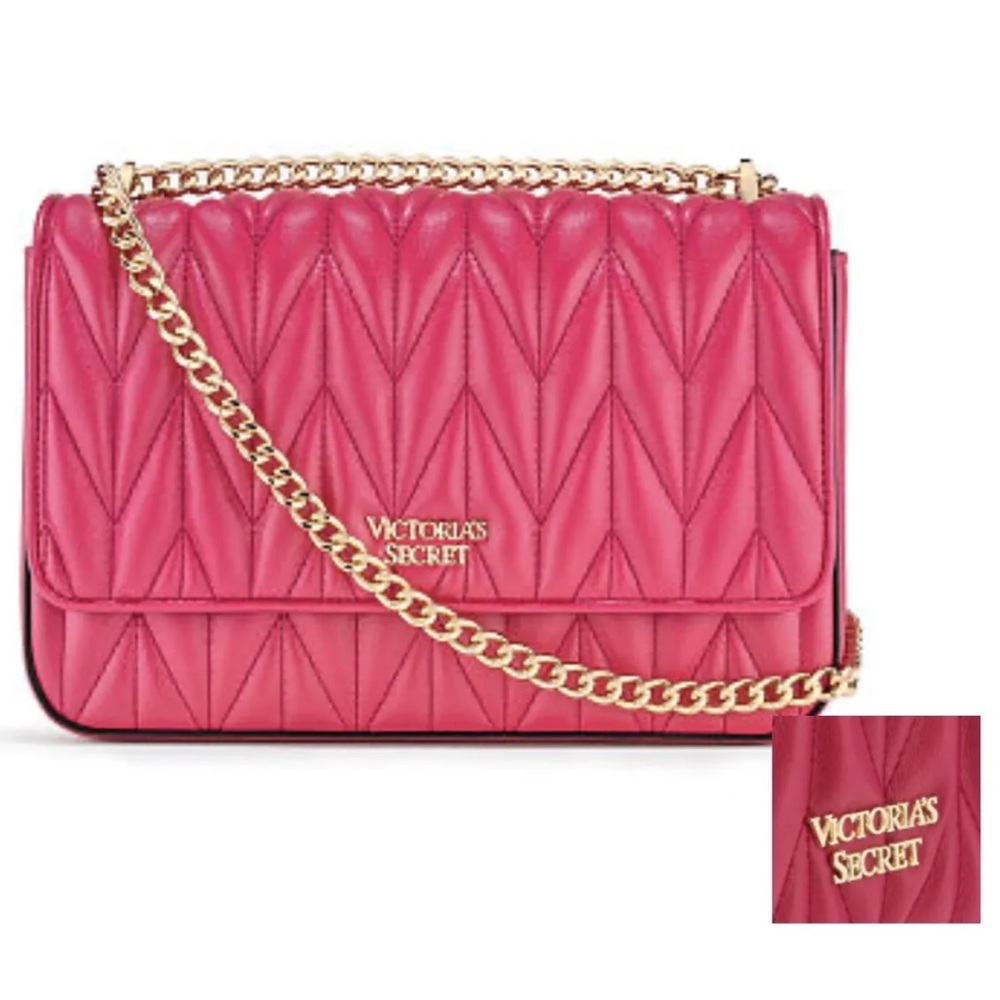 NEW Victoria's Secret Chevron Quilt Bond Street Big Shoulder Bag - Fuchsia/Gold